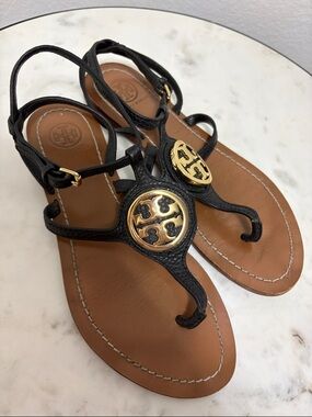 Tory Burch Black Leather Logo Thong Sandals with Gold Emblem